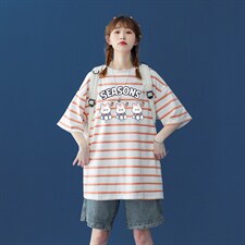 中性夏季条纹撞色印花卡通图案圆领情侣短袖T恤T864P35控48，女装T恤，A247A