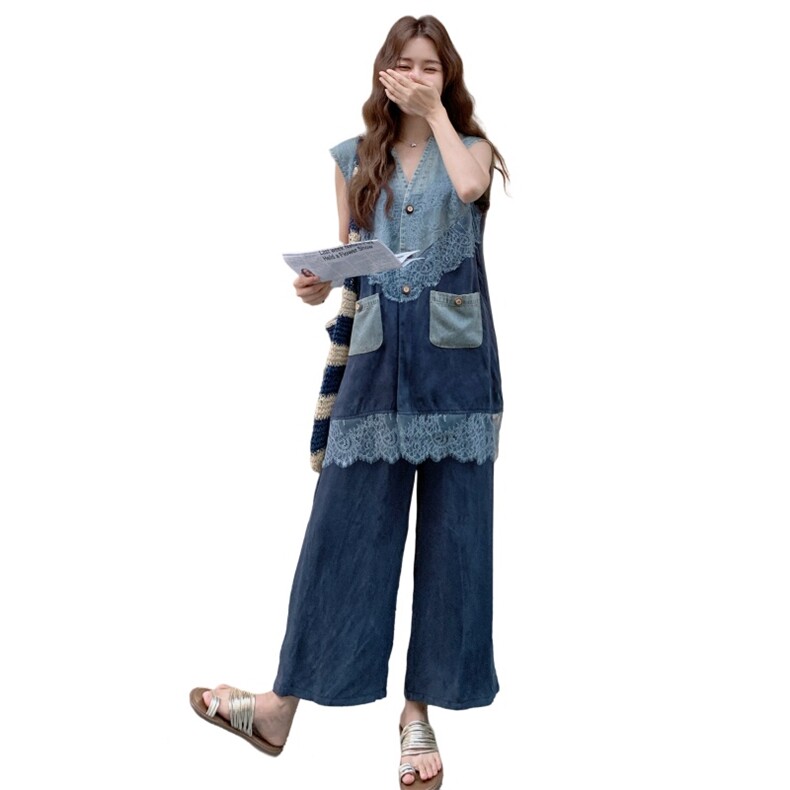 蕾丝拼接无袖牛仔马甲阔腿裤套装女夏巨好看小众不撞款两件套流行,女装套装/套裙,2C198