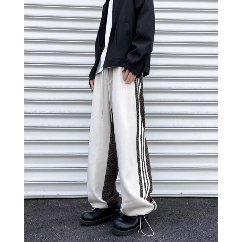2024豹纹拼接休闲裤美式复古小众宽松三条杠阔腿裤CK1350-P45,男装休闲裤,星座313A-2