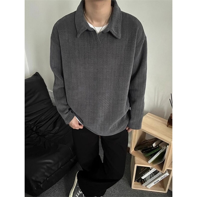 WESSK老钱风polo衫麦穗慵懒cleanfit春秋季休闲v领男加绒长袖衬衣,男装Polo衫,星座813-2