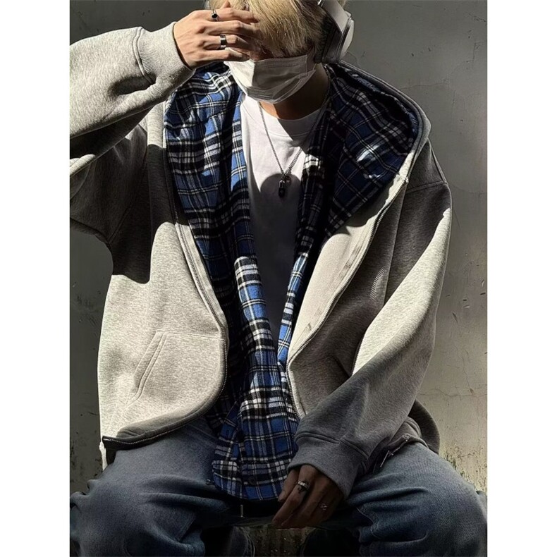 1506-1/WJ2101/P63简约连帽卫衣开衫男女同款潮流帅气百搭图片