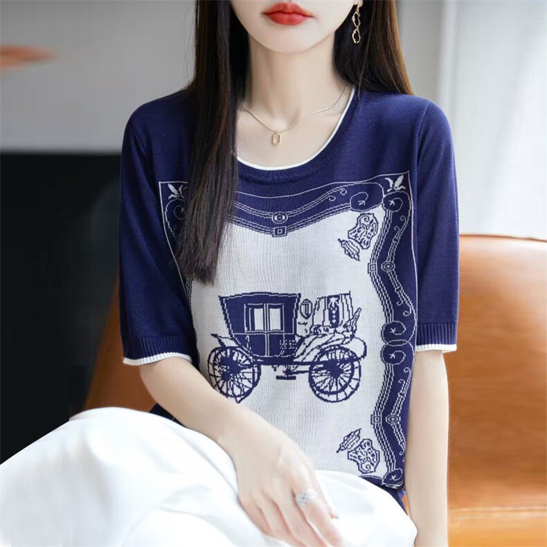 英伦莱赛尔天丝圆领马车提花短袖T恤衫女夏季洋气时尚撞色针织衫,针织衫/毛衣,大美人高端店