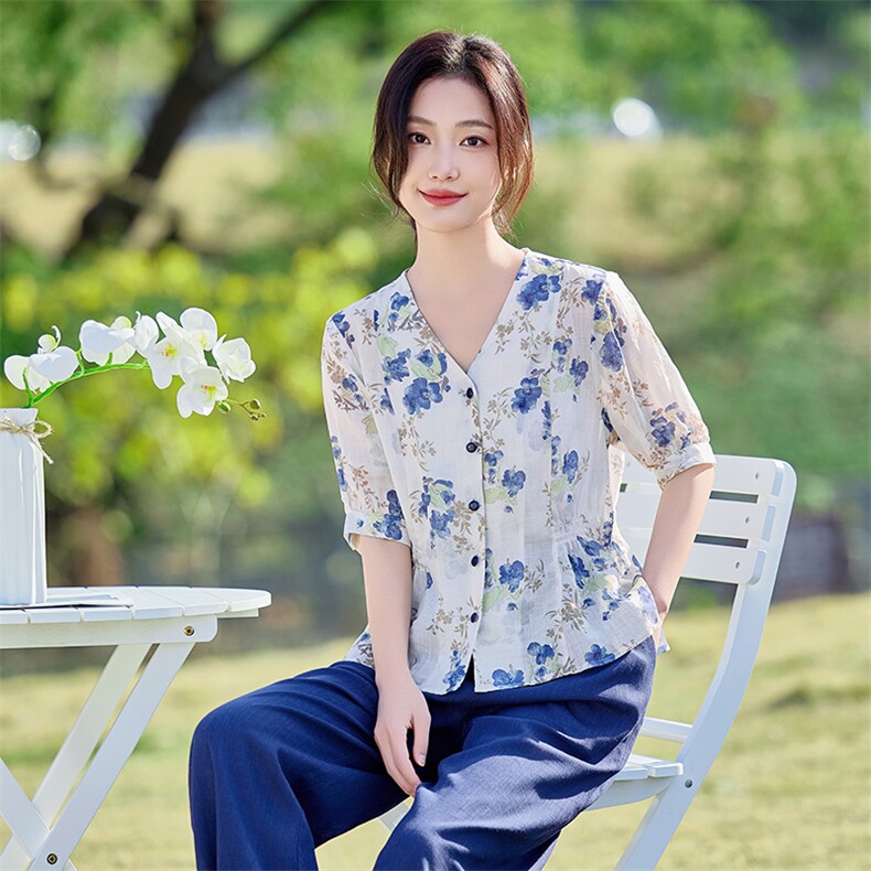 2026年夏季女短袖薄苎麻文艺风,女装衬衫,江南依恋