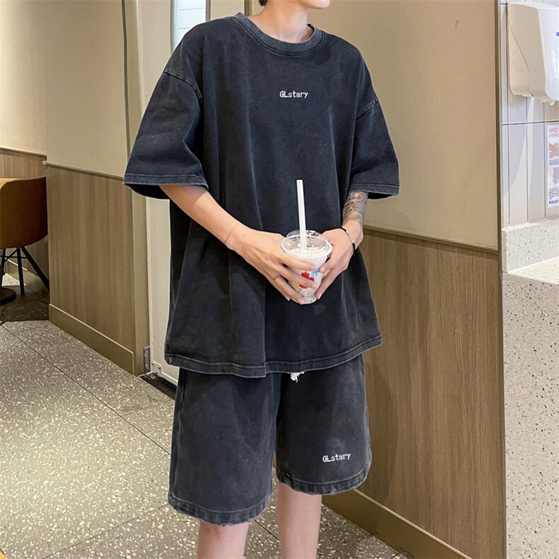 wassuphappy水洗做旧短袖t恤男夏季潮流休闲运动套装帅气两件套,男装休闲套装,电商B371