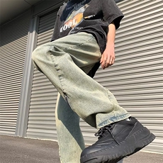 水洗长裤潮直脚牛仔裤气质日系宽松直筒拉链简约男青春流行夏季，男装牛仔裤，星座716-4