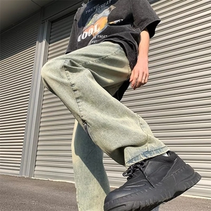 水洗长裤潮直脚牛仔裤气质日系宽松直筒拉链简约男青春流行夏季图片
