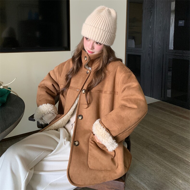 两面穿麂皮绒羊羔毛外套女冬小个子新款韩系加绒加厚皮毛一体大衣,女装毛呢外套,2B188