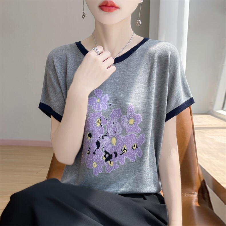 夏季新款莱赛尔天丝印花撞色圆领短袖女宽松百搭显瘦时尚上衣,女装T恤,暖娇绒包芯纱店