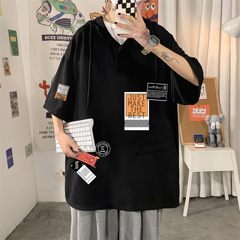 LD54121-P45NASA连帽短袖t恤男大码胖子带帽五分袖中袖,男装T恤,电商A040