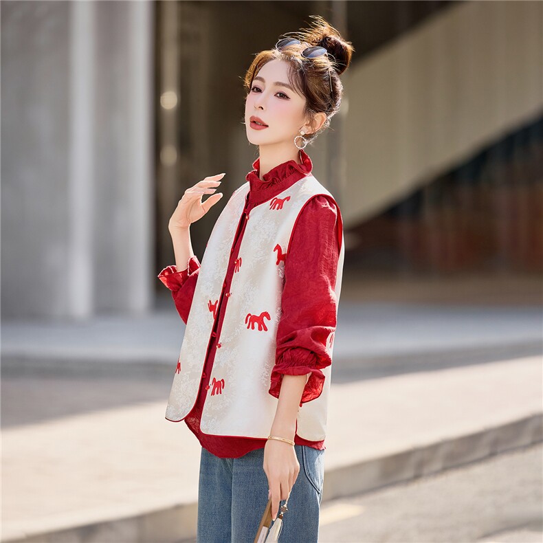 6302常规马图提花印花圆领撞色马甲春装外套,女装马甲,微微衣阁