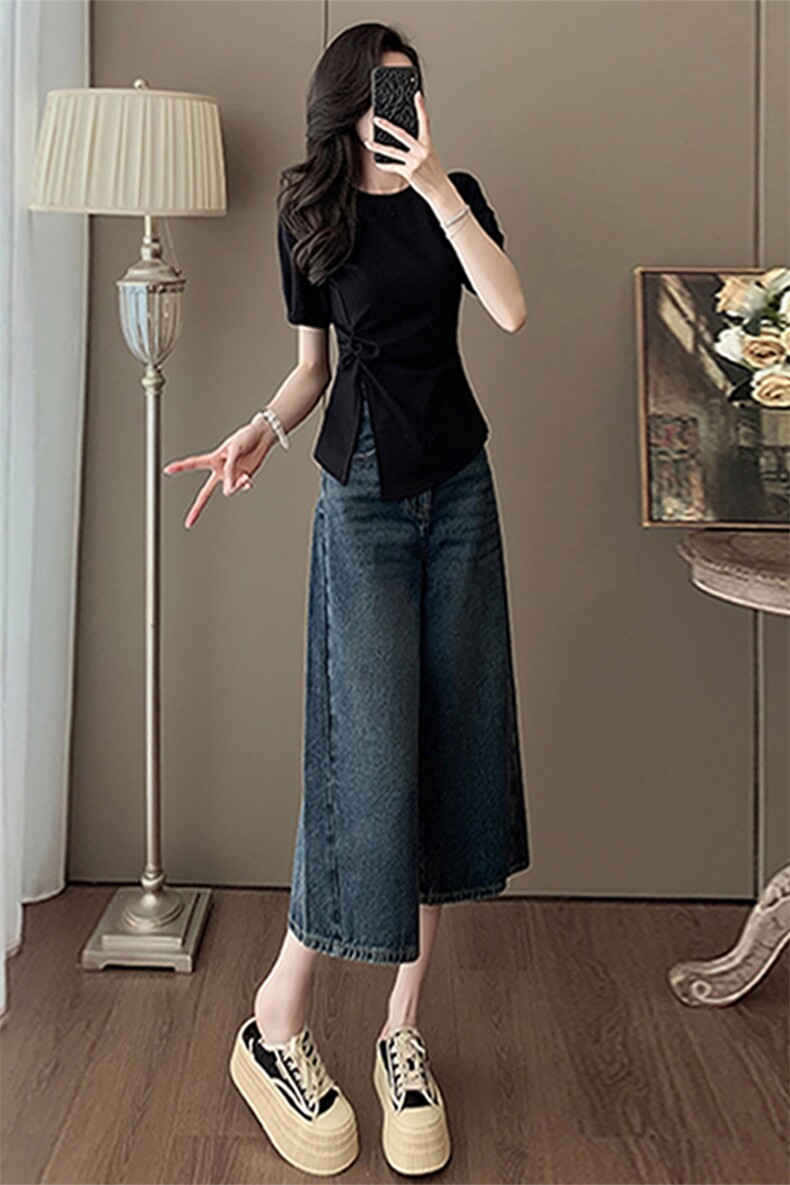 韩版时尚休闲套装女夏新款圆领不规则开叉设计短袖牛仔中裤两件套,女装套装/套裙,江南
