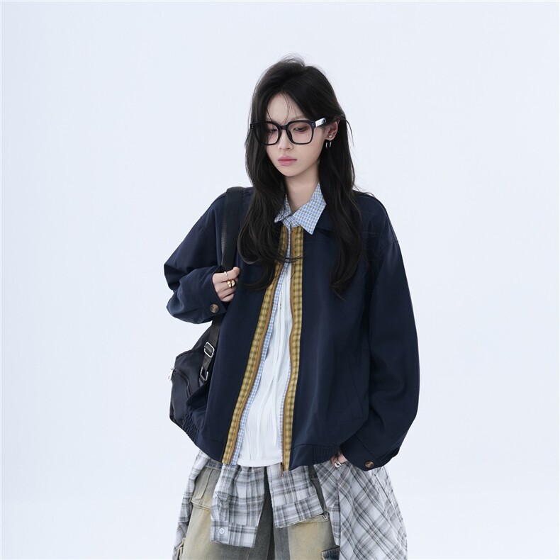 6809-P61 美式复古情侣款拼接格子外套春秋高级感百搭高街痞帅图片