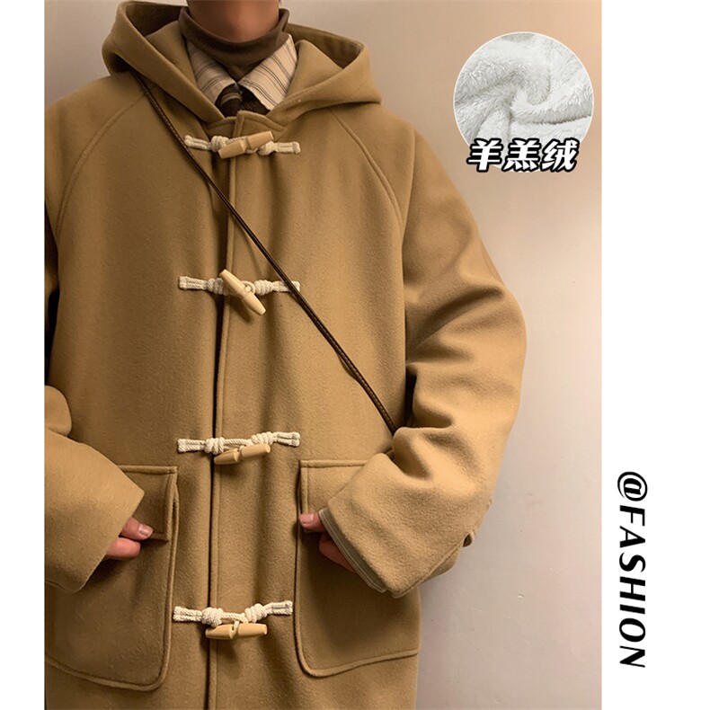 时尚牛角扣羊羔绒毛呢连帽大衣男加厚保暖大码外套J557-P125控158,男装毛呢大衣,电商A001