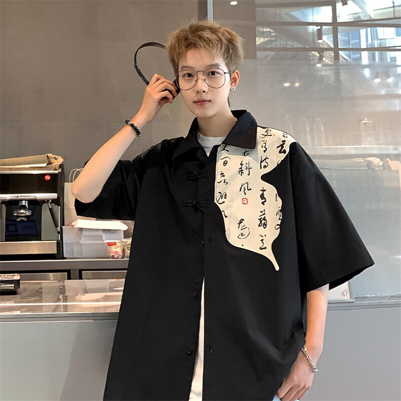2026夏装潮男新中式印花盘扣短袖五分袖衬衫 CS980/特P35 黑色5图片