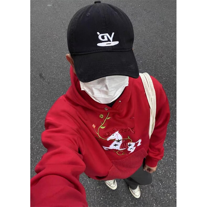 加绒加厚纯棉面料马年衣服红色刺绣连帽卫衣WV1021,男装卫衣,星座1116A（原606A-3）