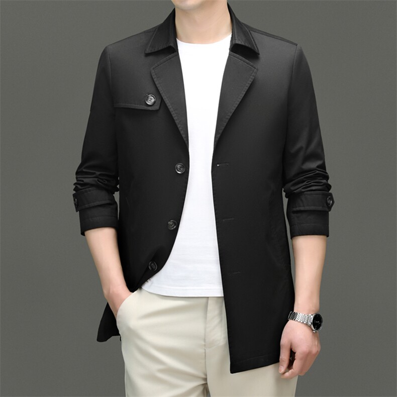 D6627春秋新款男士中长款风衣翻领外套简约通勤商务男装，男装风衣，电商B360