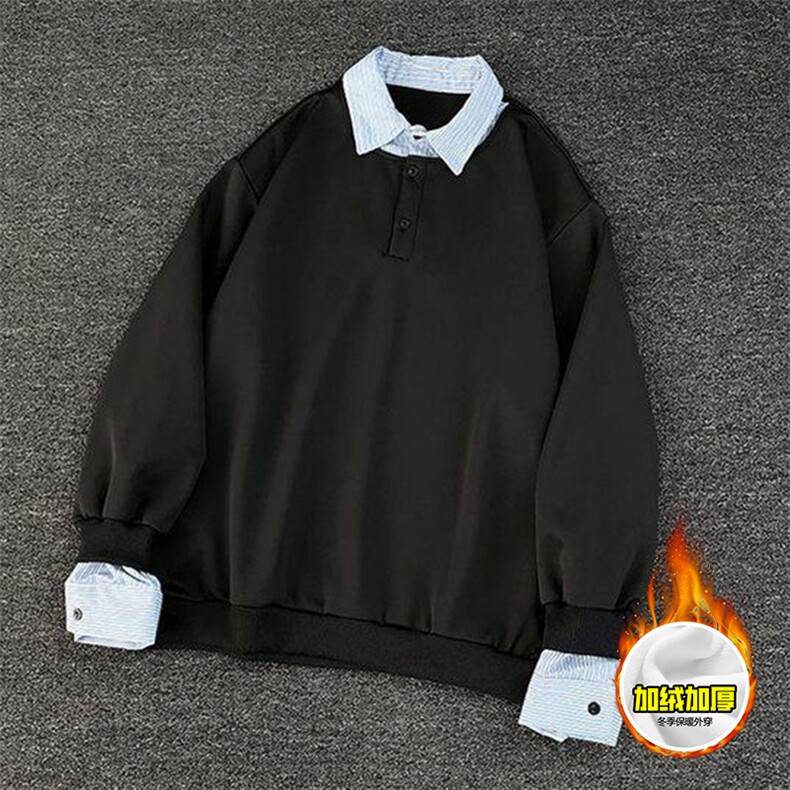 重磅加绒硬挺boxy男女美式高街假两件衬衫领长袖卫衣POLO领打底衫，男装T恤，电商A486-1