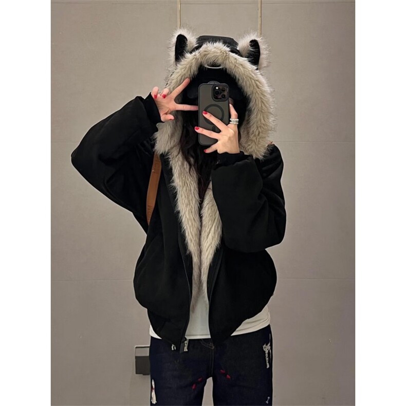 网图原版麂皮绒美潮座山雕猫耳朵CP感毛领棉衣,男装棉衣,星座410-7