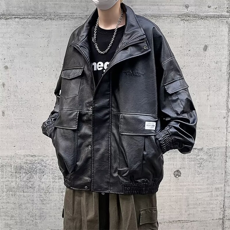 美式潮牌字母PU皮夹克外套男春秋季防风帅气百搭机车保暖男士皮衣图片