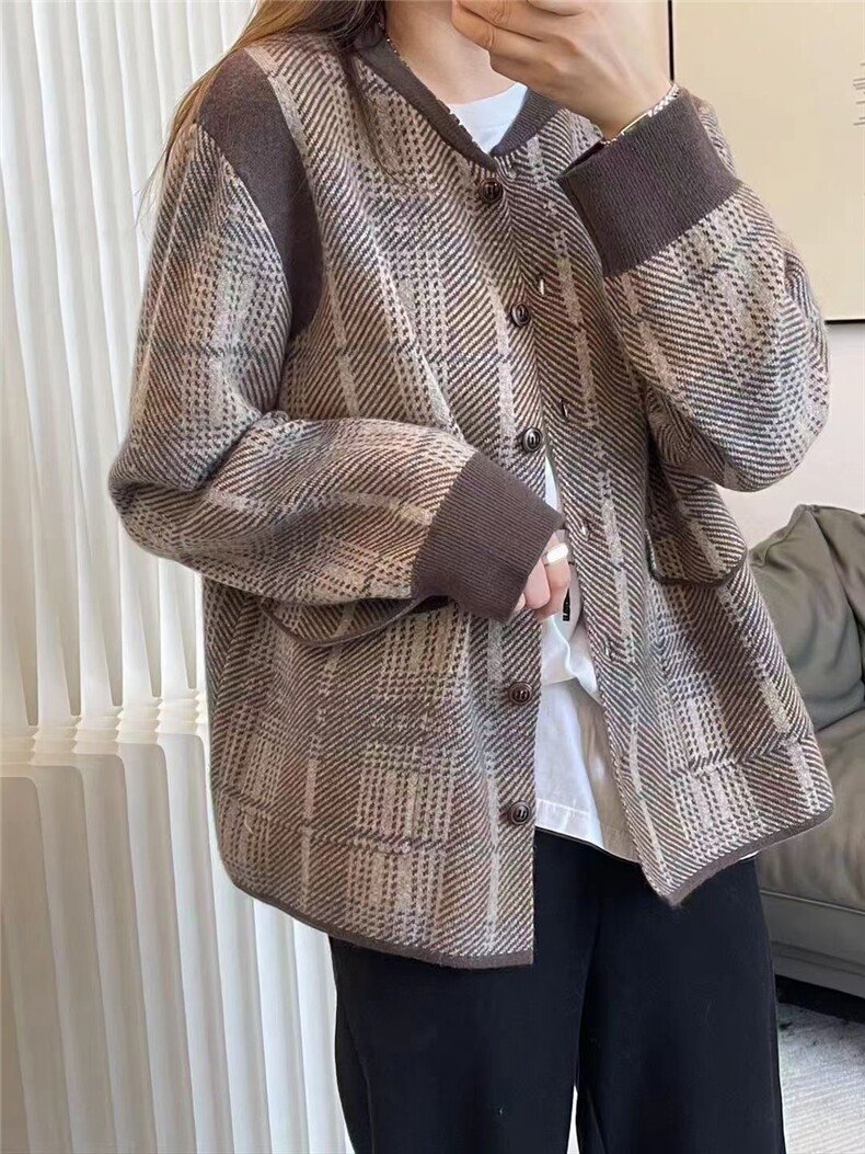 格子v领针织开衫女秋冬新款流行软糯毛衣外套慵懒外搭,女装羊毛衫,纳慈羊绒