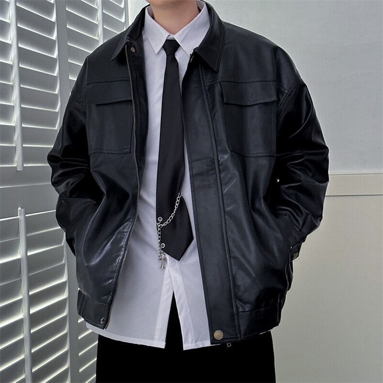 现货-秋冬高品质皮衣外套男宽松休闲翻领皮夹克A150P95绒105,男装夹克,电商A351