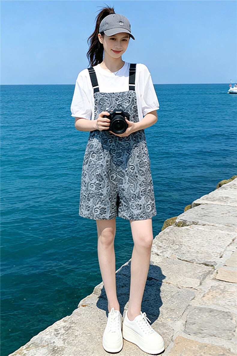 甜美休闲时尚运动套装女夏季新款圆领泡泡短袖提花背带短裤两件套,女装套装/套裙,江南