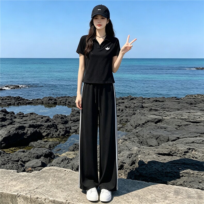 韩系穿搭一整套时尚套装女夏季新款撞色拼接半开领上衣长裤两件套,女装套装/套裙,江南