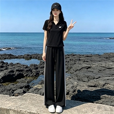 韩系穿搭一整套时尚套装女夏季新款撞色拼接半开领上衣长裤两件套，女装套装/套裙，江南