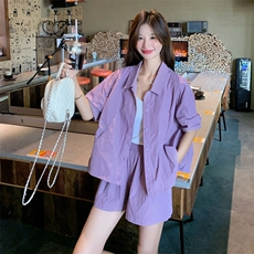 紫色休闲套装女夏季2025新款宽松设计感气质时尚衬衫短裤两件套，女装套装/套裙，2D143