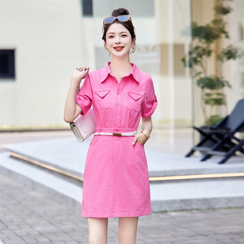 高级感粉色休闲工装衬衫裙女2024夏季新款时尚气质显瘦高腰连衣裙,女装连衣裙,艾仟回(原伊仟回)