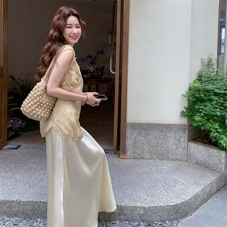 新中式国风气质吊带连衣裙两件套女2025夏季新款重工提花盘扣马甲,女装套装/套裙,2C332