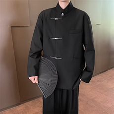 新中式风立领中山装男士休闲西服设计感垫肩修身小西装外套，男装西服套装，星座601-2