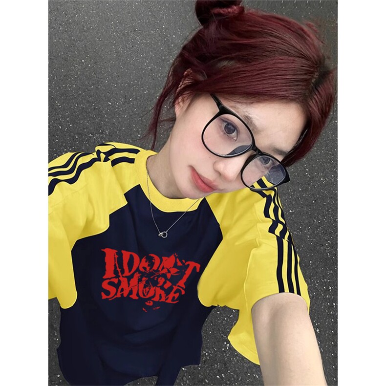 夏季美式高街重磅纯棉三条杠织带插肩撞色男女短袖T恤CZ96-特P25,男装T恤,电商A486