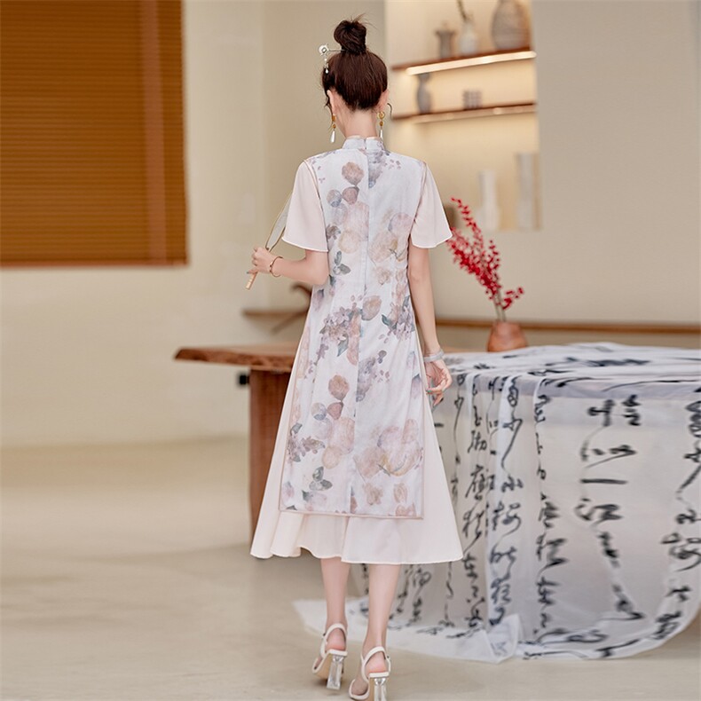 改良版奥黛旗袍女夏季新款送考印花长裙子气质修身中式日常连衣裙,女装连衣裙,利佳可人