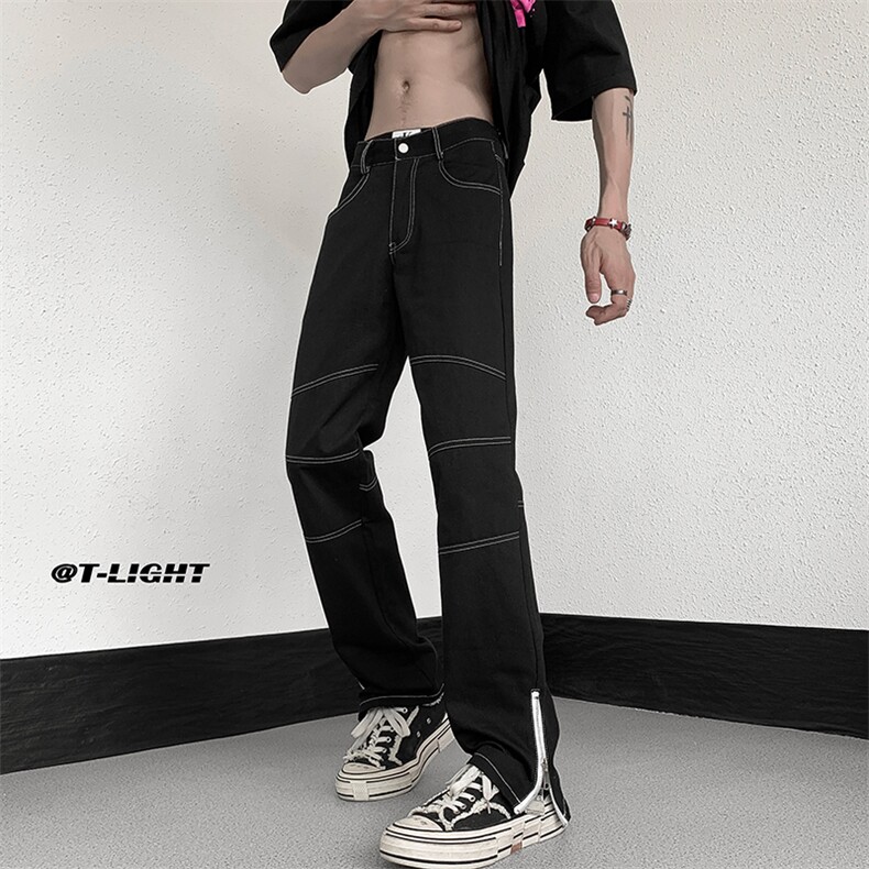 美式ins高街牛仔裤小众百搭明线拼接拉链牛仔裤K2308-P65控88,男装牛仔裤,电商A062