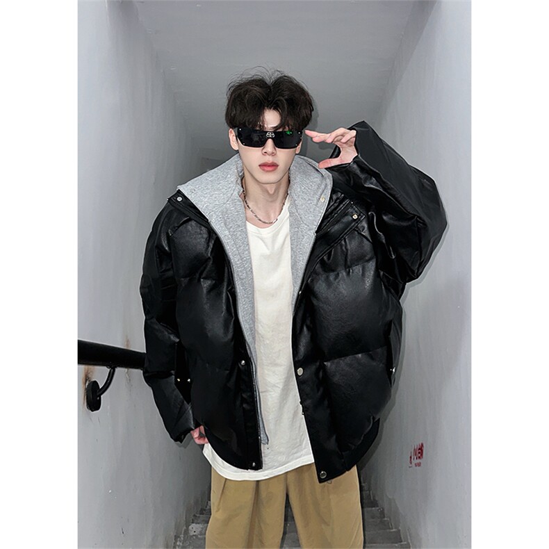 405A美式高街个性连帽设计假两件pu皮棉服MY24920-P158控188,男装棉衣,星座405A