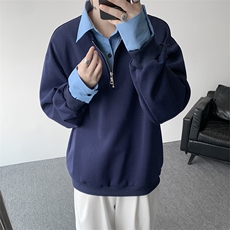 新款假两件条纹拉链衬衫领休闲春款卫衣高街休闲学院卫衣特P50，男装卫衣，电商B319