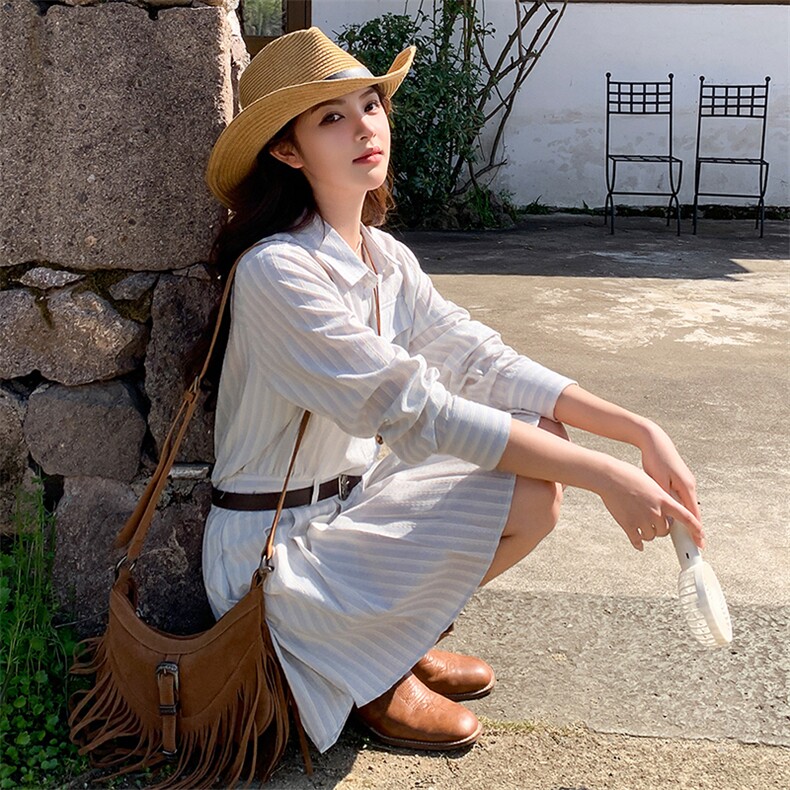 浅蓝色休闲条纹衬衫连衣裙女2025年夏季新款韩系设计感显瘦百褶裙,女装连衣裙,浙宝305