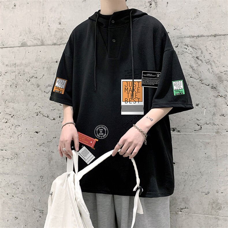 LD54121-P45连帽短袖t恤男大码胖子带帽五分袖中袖大皂风,男装T恤,电商A040