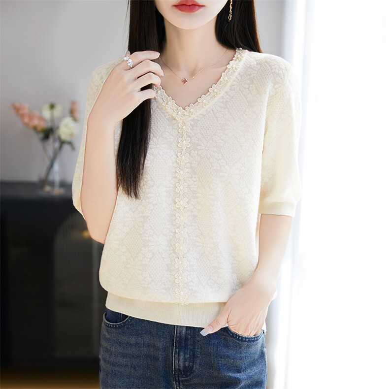 2025夏季新款蕾丝V领短袖T恤女薄款冰丝针织设计感上衣遮肉小衫,针织衫/毛衣,暖烁特种纱工厂店