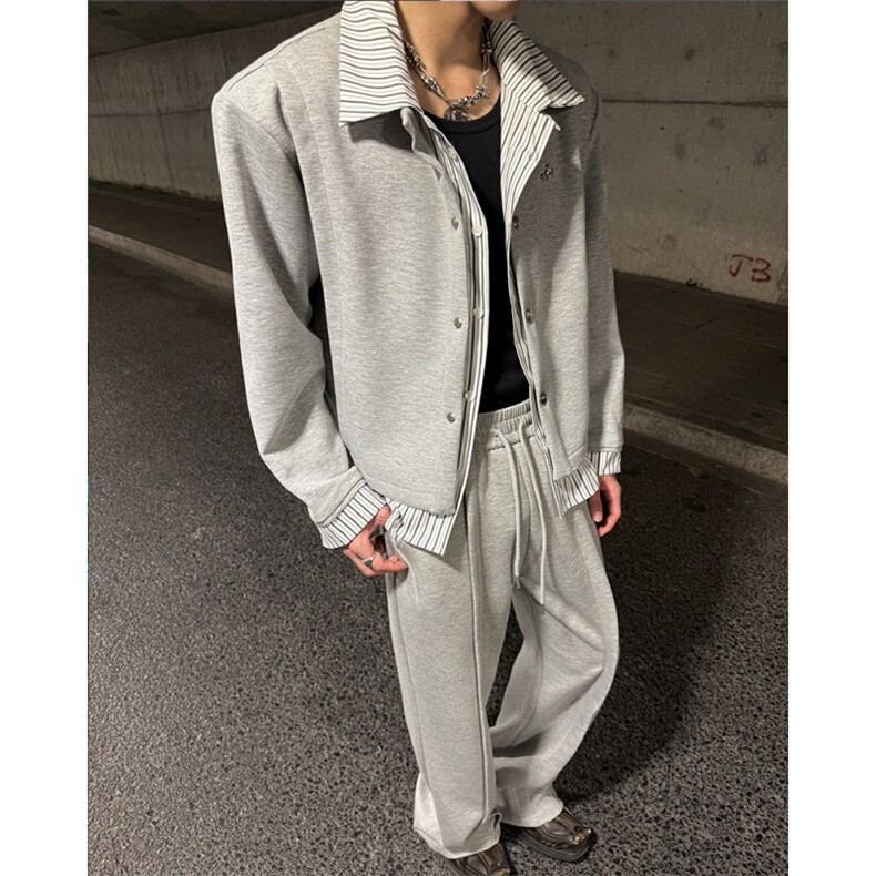 25秋冬男士条纹拼接假两件垫肩卫衣运动套装TZ23-衣服p88裤子p68,男装休闲套装,电商B288
