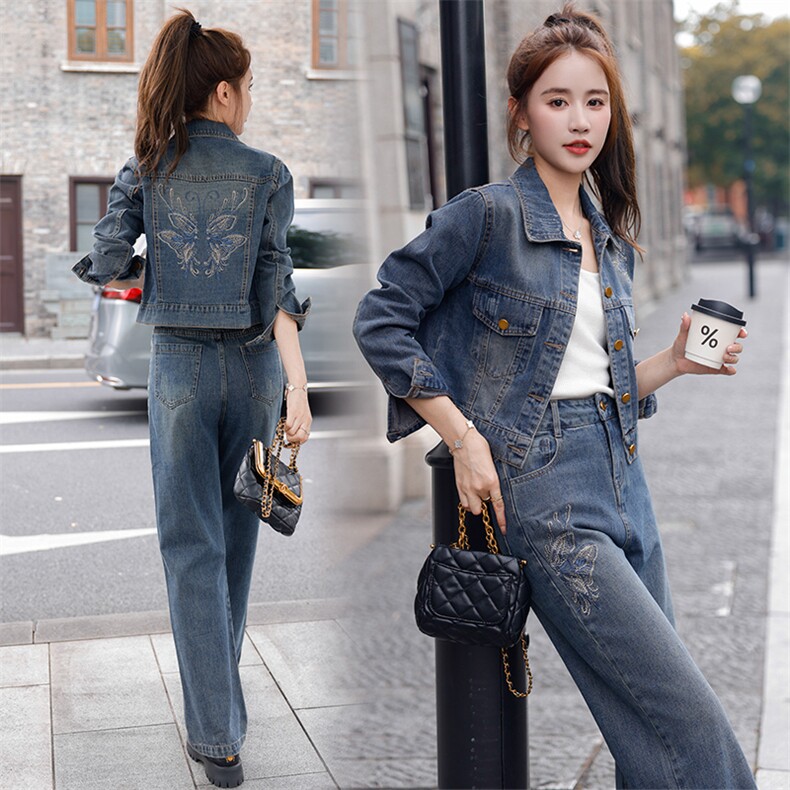 欧洲站牛仔套装女2024春秋新款爆款网红炸街休闲时尚阔腿裤两件套,女装套装/套裙,纯色衣恋