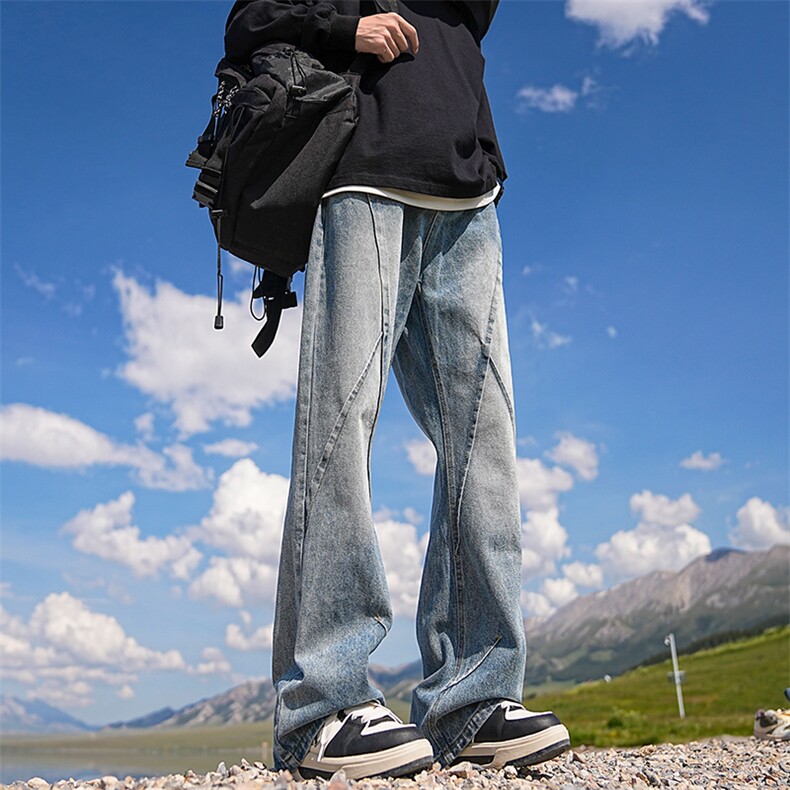 美式拼接牛仔裤男款春秋设计感潮牌高街微喇裤子青少年水洗直筒裤，男装休闲裤，电商A310