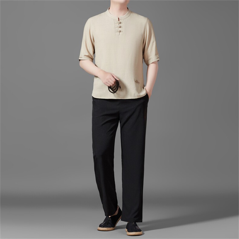 2025夏季亚麻绣花大码风男士透气棉麻盘扣长裤套装MJ5105T-P105，男装休闲套装，星座1105-3