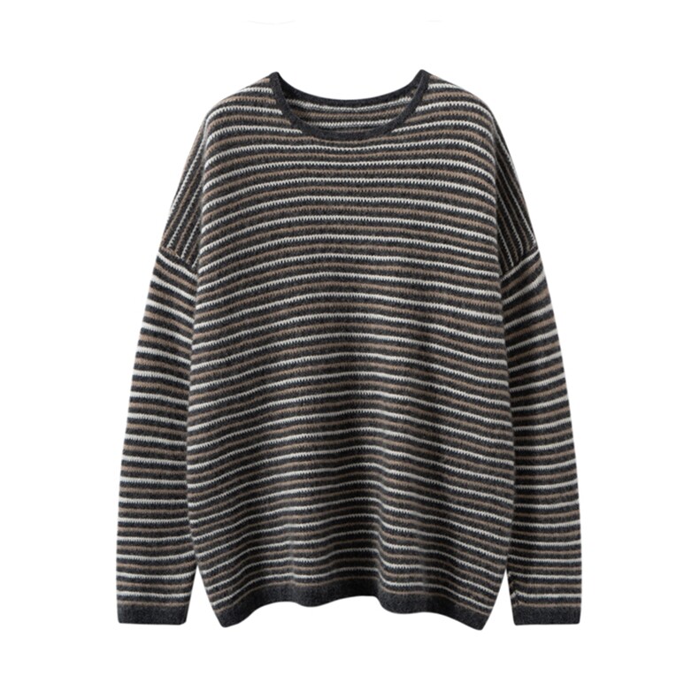 慵懒暖意~100%纯山羊绒衫女圆领宽松大码打底毛衣条纹撞色针织衫，女装针织衫/毛衣，雪山红莲