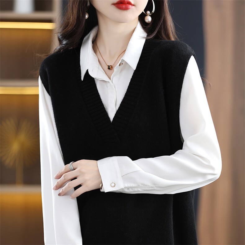 2024秋季新款中长款V领纯色马甲休闲百搭,女装马甲,美雪羊绒