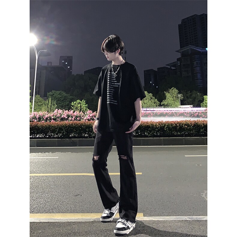 B221美式ins高街简约小众设计毛边破洞牛仔裤LK23067-P60控78,男装牛仔裤,电商B221
