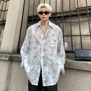 2025新款防晒衫蝴蝶印花流苏设计感长袖衬衣男韩版宽松衬衣潮P48图片