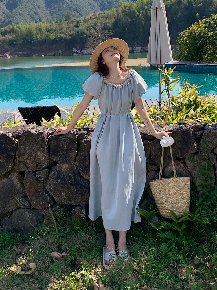 设计感蓝色泡泡袖宽松连衣裙女2025年夏季新款圆领温柔风气质长裙,女装连衣裙,浙宝128A