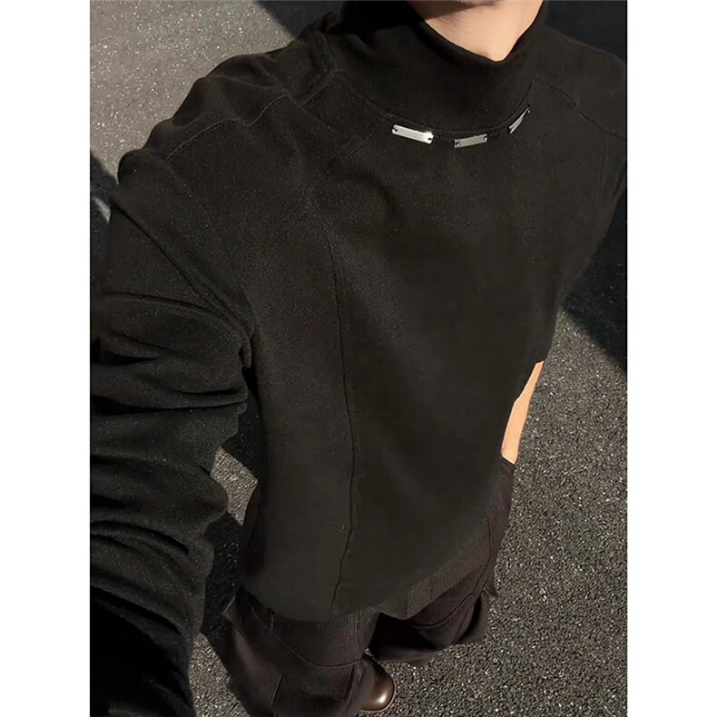 黑色半高领德绒打底衫男款冬季内搭项链长袖t恤重磅美式正肩卫衣,男装T恤,星座506A